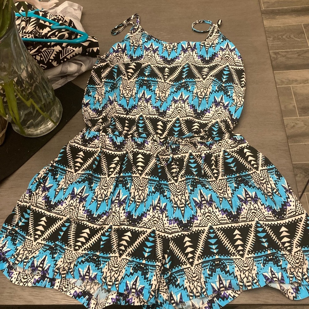 Cute blue Aztec pattern romper with pockets